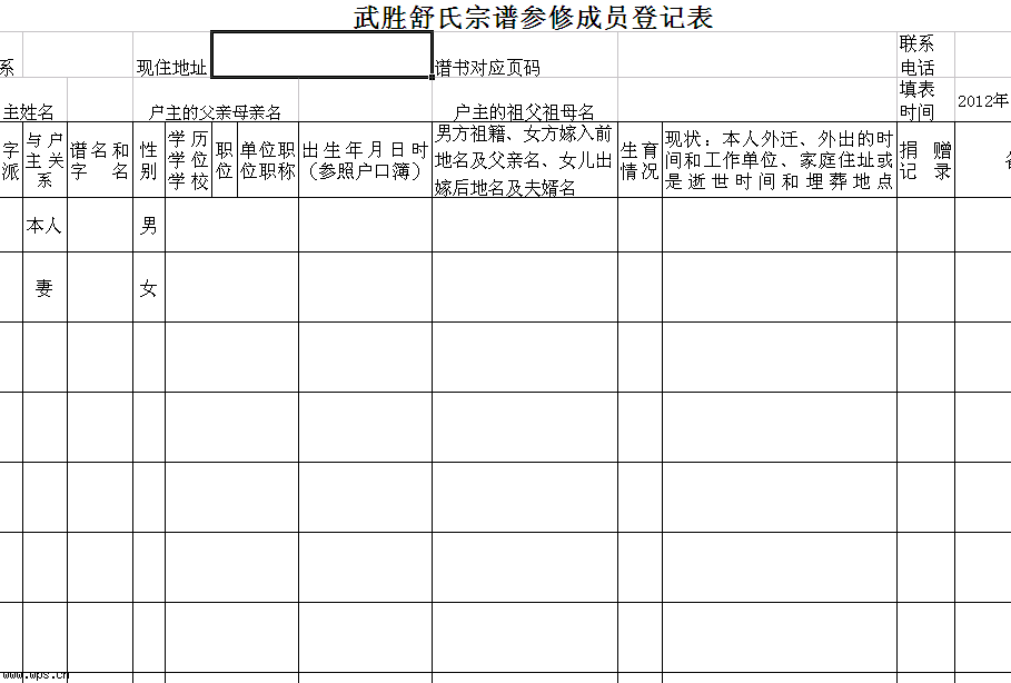 族谱统修谱登记表样表