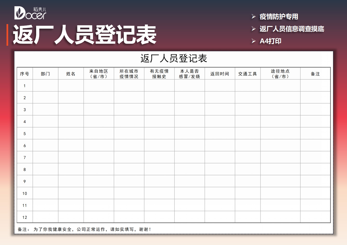 返厂人员登记表