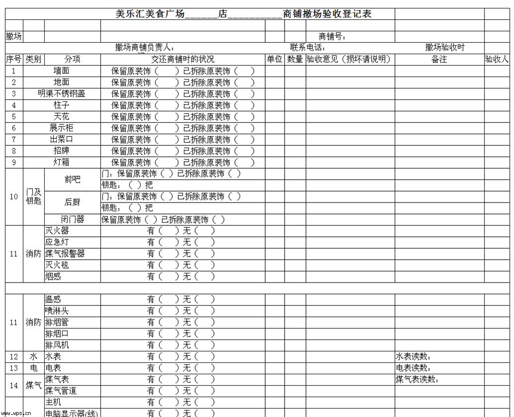 商户退场验收表