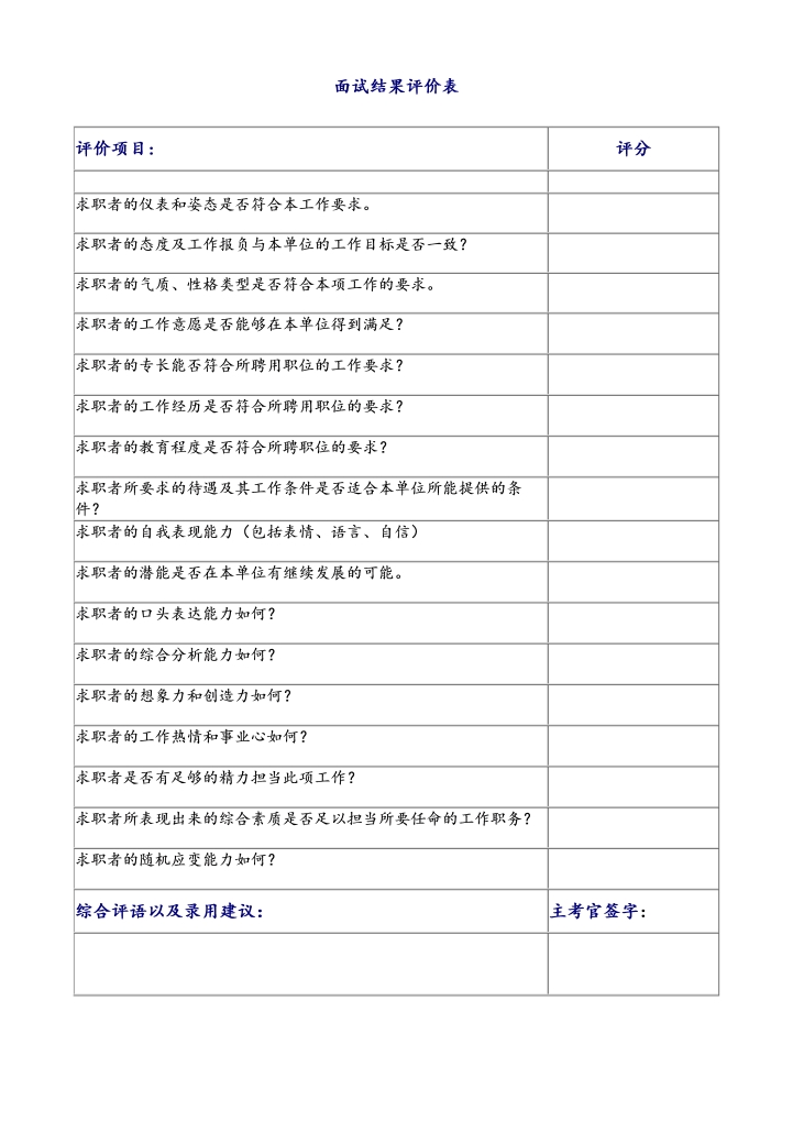 校园招聘面试结果评价表