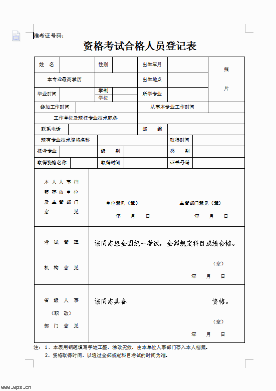 资格考试合格人员登记表
