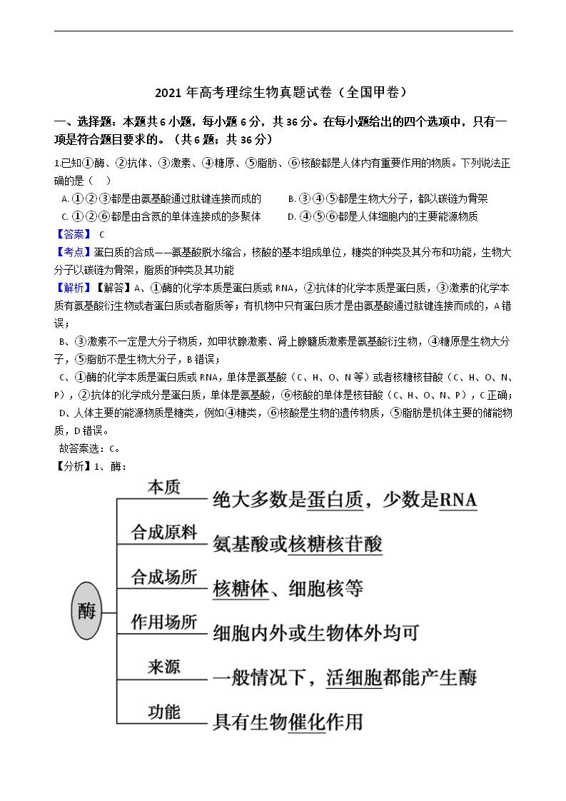 2021年高考理综生物真题试卷（全国甲卷）