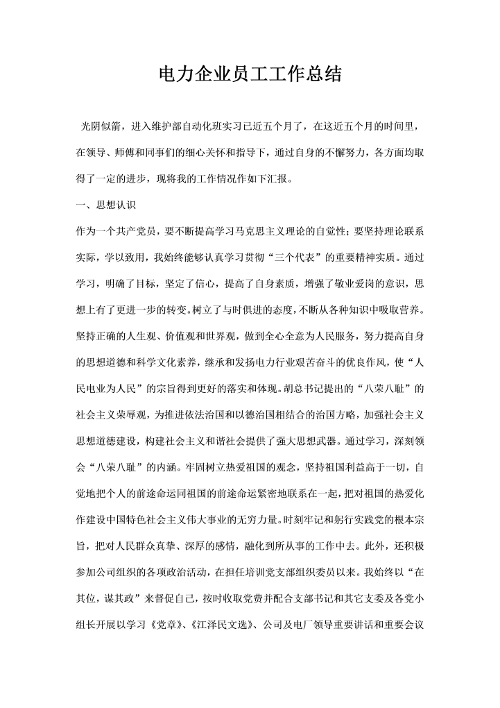 电力企业员工工作总结