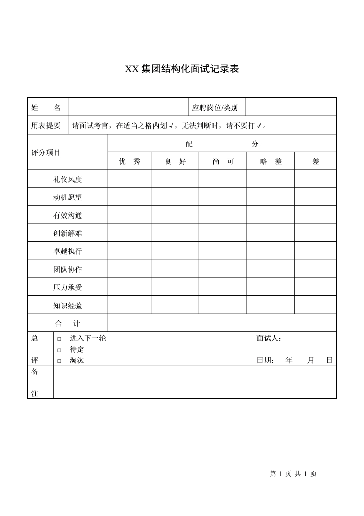 校园招聘结构化面试记录表