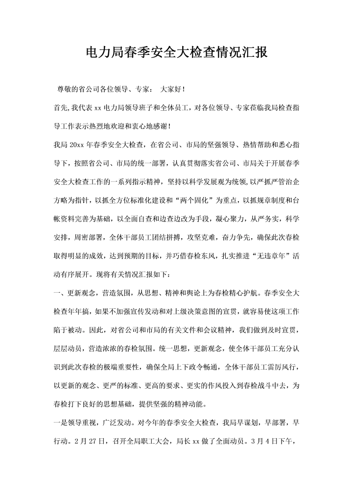 电力局春季安全大检查情况汇报