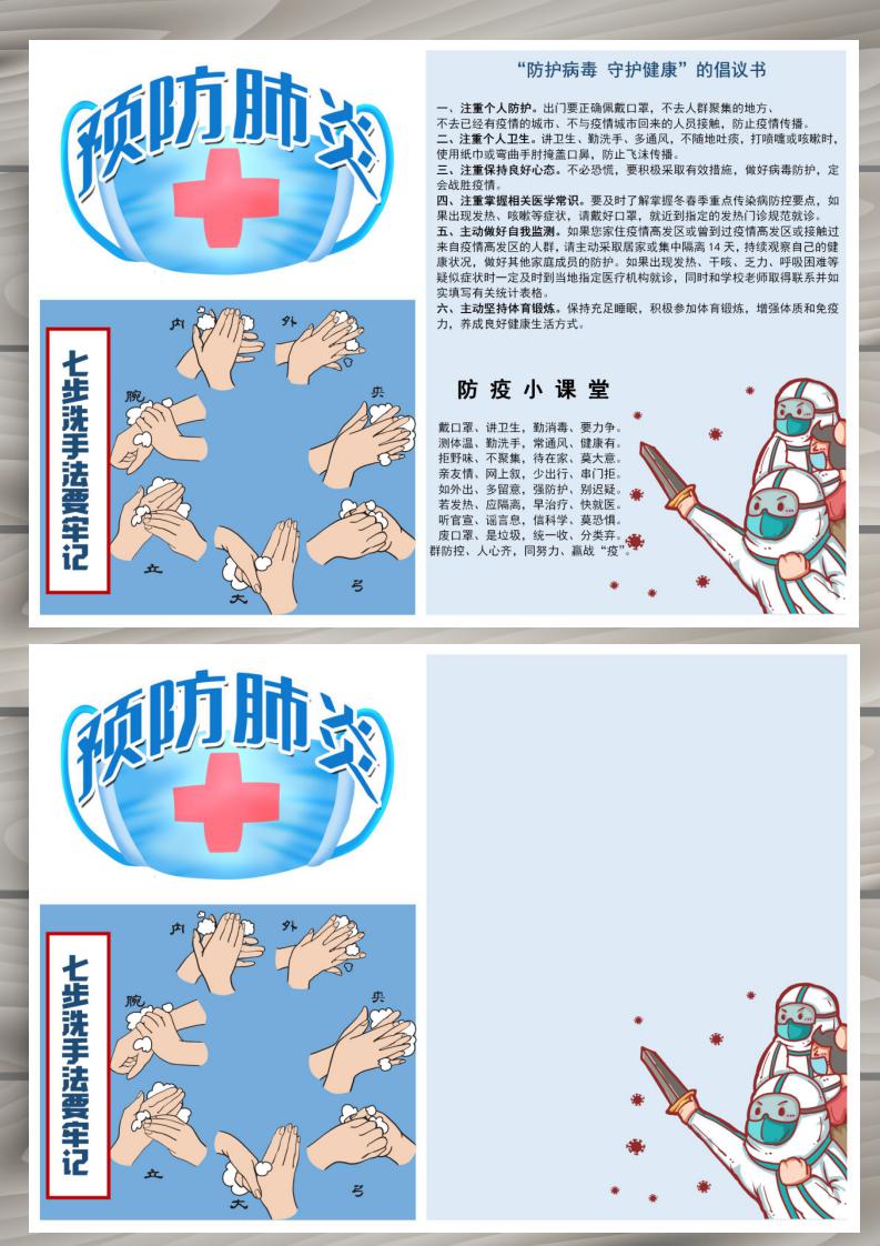 预防肺炎疫情防护手抄报电子小报